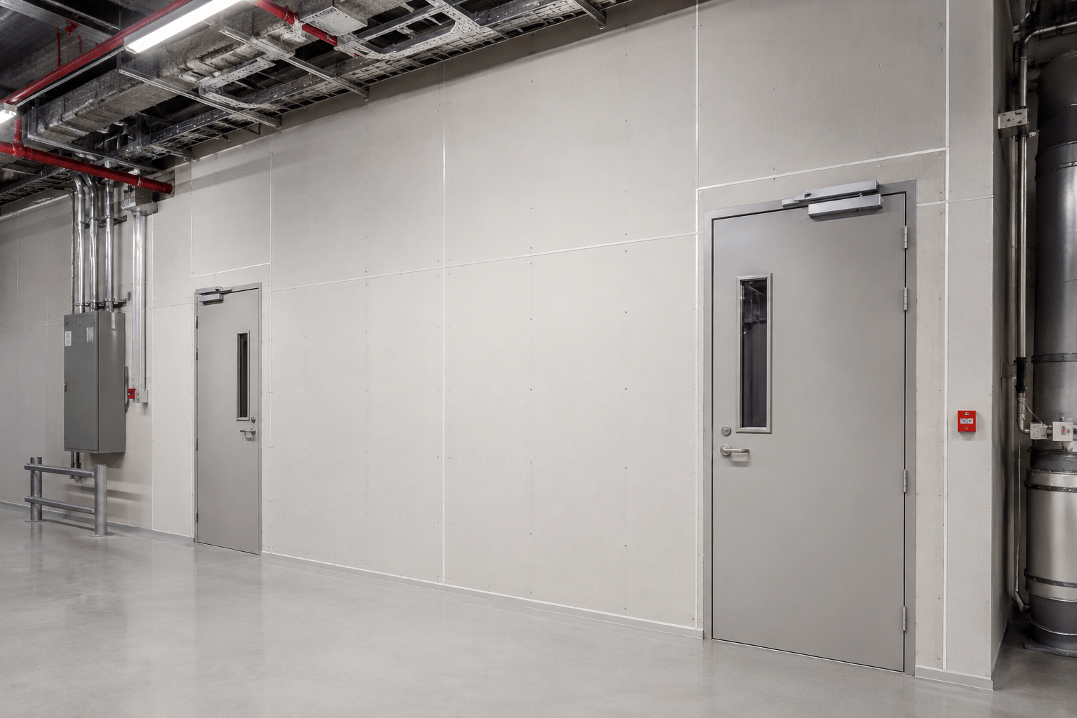 Pared con aislamiento ignífugo y puertas cortafuegos en una instalación industrial